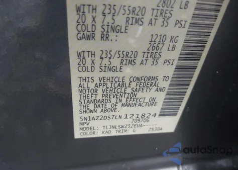 2020 Nissan Murano Platinum Intelligent Awd z USA, uszkodzony, nr VIN 5N1AZ2DS7LN121824